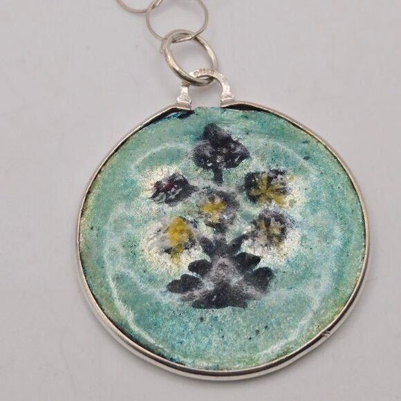 Sterling‎ Silver Enamel Necklace Artisan Handcrafted Chain Boho Floral Pendant - Picture 3 of 7